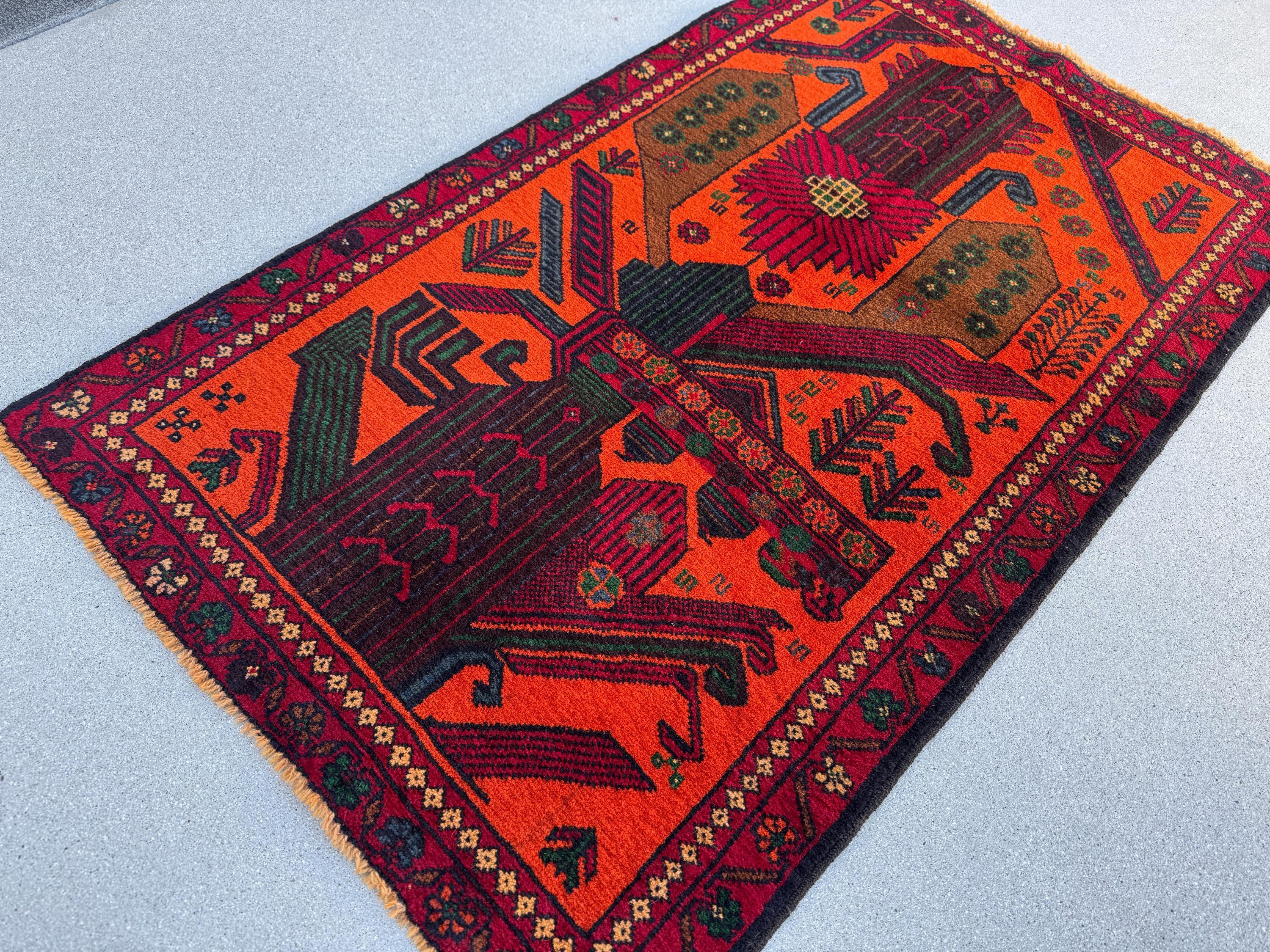 3x4-5 (91x140) Handmade Vintage Afghan Baluch Rug | Orange Forest Green Gold Blood Red Caramel Brown Burgundy Denim Blue | Wool