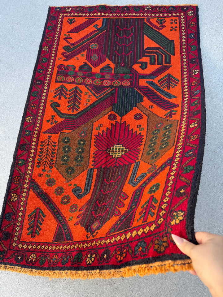 3x4-5 (91x140) Handmade Vintage Afghan Baluch Rug | Orange Forest Green Gold Blood Red Caramel Brown Burgundy Denim Blue | Wool