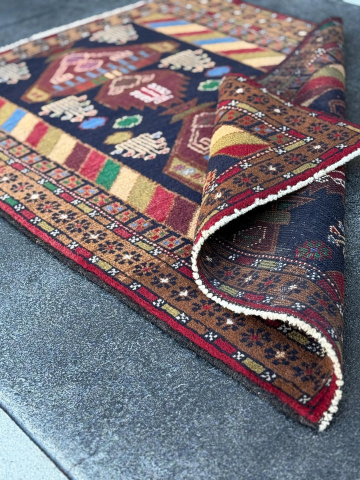 3x5 (91x152) Handmade Vintage Afghan Baluch Rug | Brown Caramel Tan Chocolate Brown Cream Olive Forest Green Blood Red Midnight Denim Blue