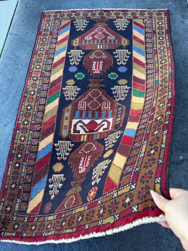 3x5 (91x152) Handmade Vintage Afghan Baluch Rug | Brown Caramel Tan Chocolate Brown Cream Olive Forest Green Blood Red Midnight Denim Blue