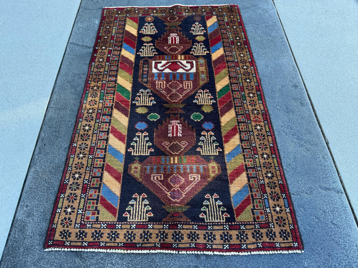3x5 (91x152) Handmade Vintage Afghan Baluch Rug | Brown Caramel Tan Chocolate Brown Cream Olive Forest Green Blood Red Midnight Denim Blue