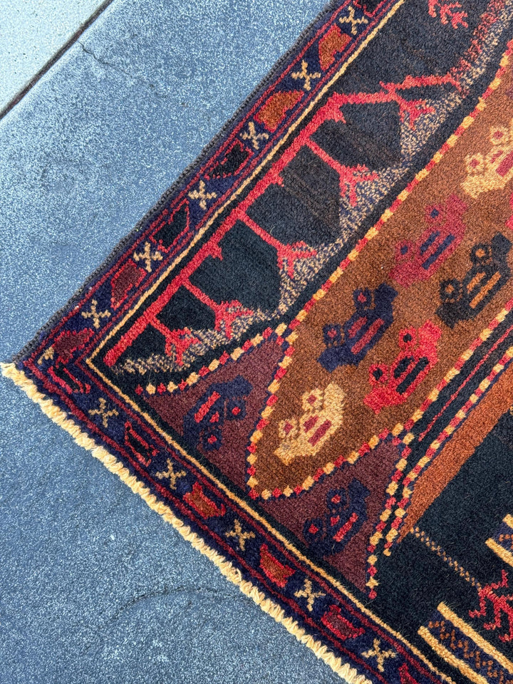 3x5 (91x152) Handmade Vintage Afghan Baluch Rug | Brown Caramel Coffee Gold Saffron Black Brick Red Midnight Blue Black Grey Green Orange