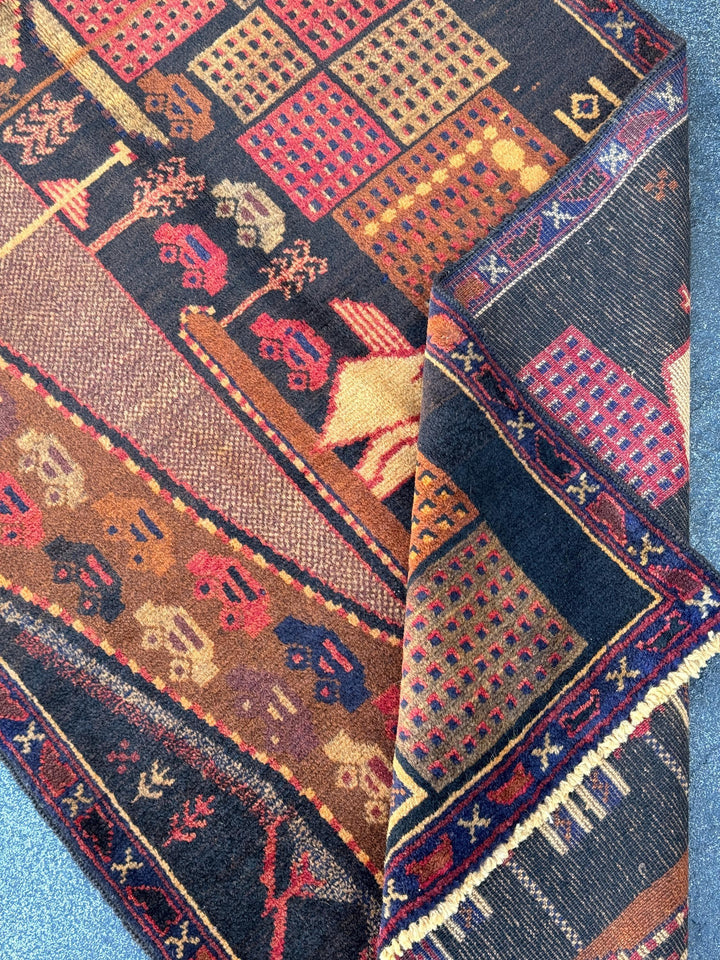 3x5 (91x152) Handmade Vintage Afghan Baluch Rug | Brown Caramel Coffee Gold Saffron Black Brick Red Midnight Blue Black Grey Green Orange