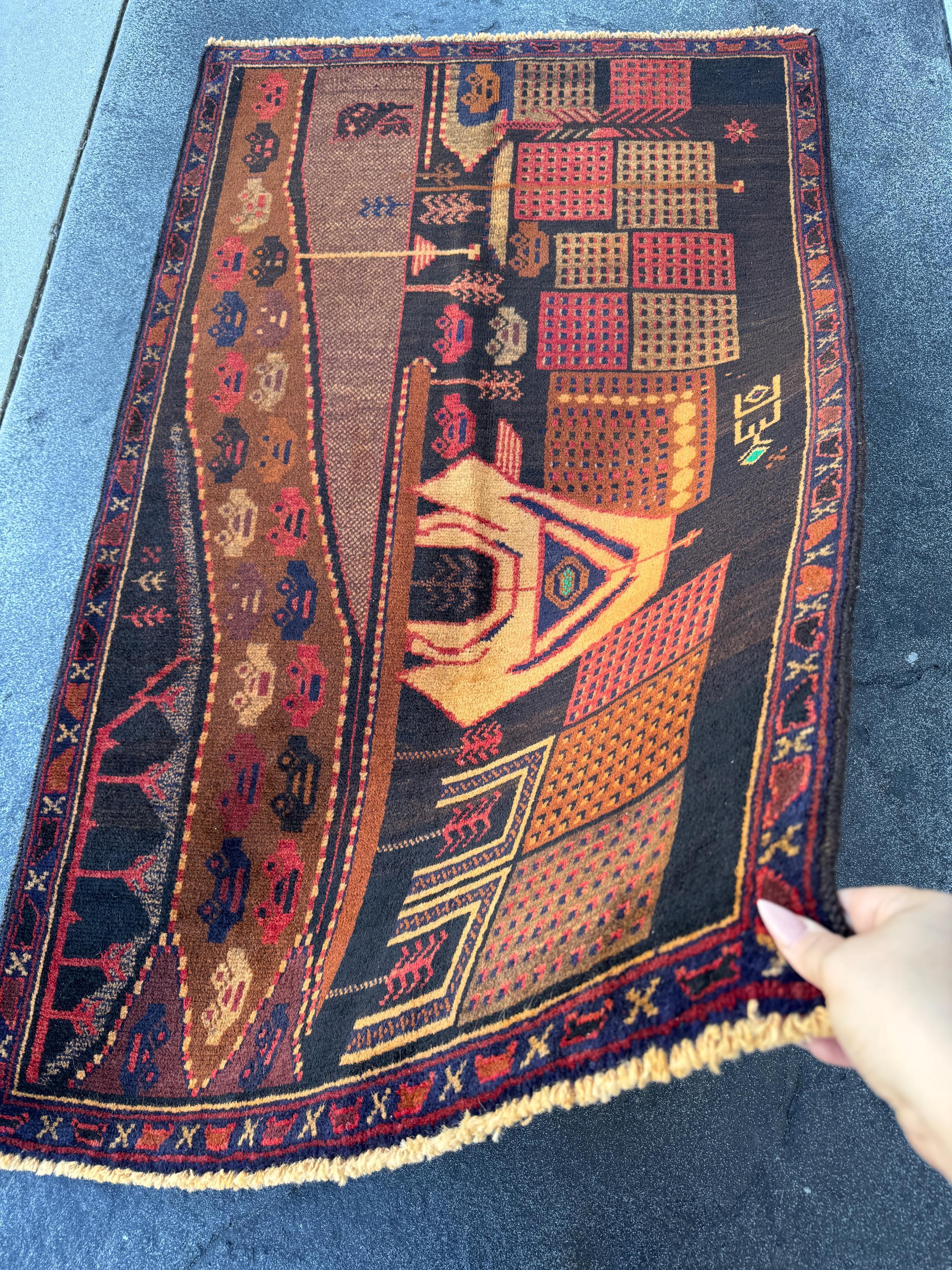 3x5 (91x152) Handmade Vintage Afghan Baluch Rug | Brown Caramel Coffee Gold Saffron Black Brick Red Midnight Blue Black Grey Green Orange