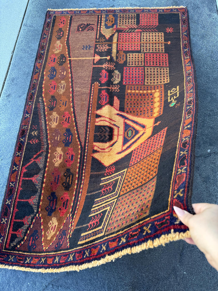 3x5 (91x152) Handmade Vintage Afghan Baluch Rug | Brown Caramel Coffee Gold Saffron Black Brick Red Midnight Blue Black Grey Green Orange