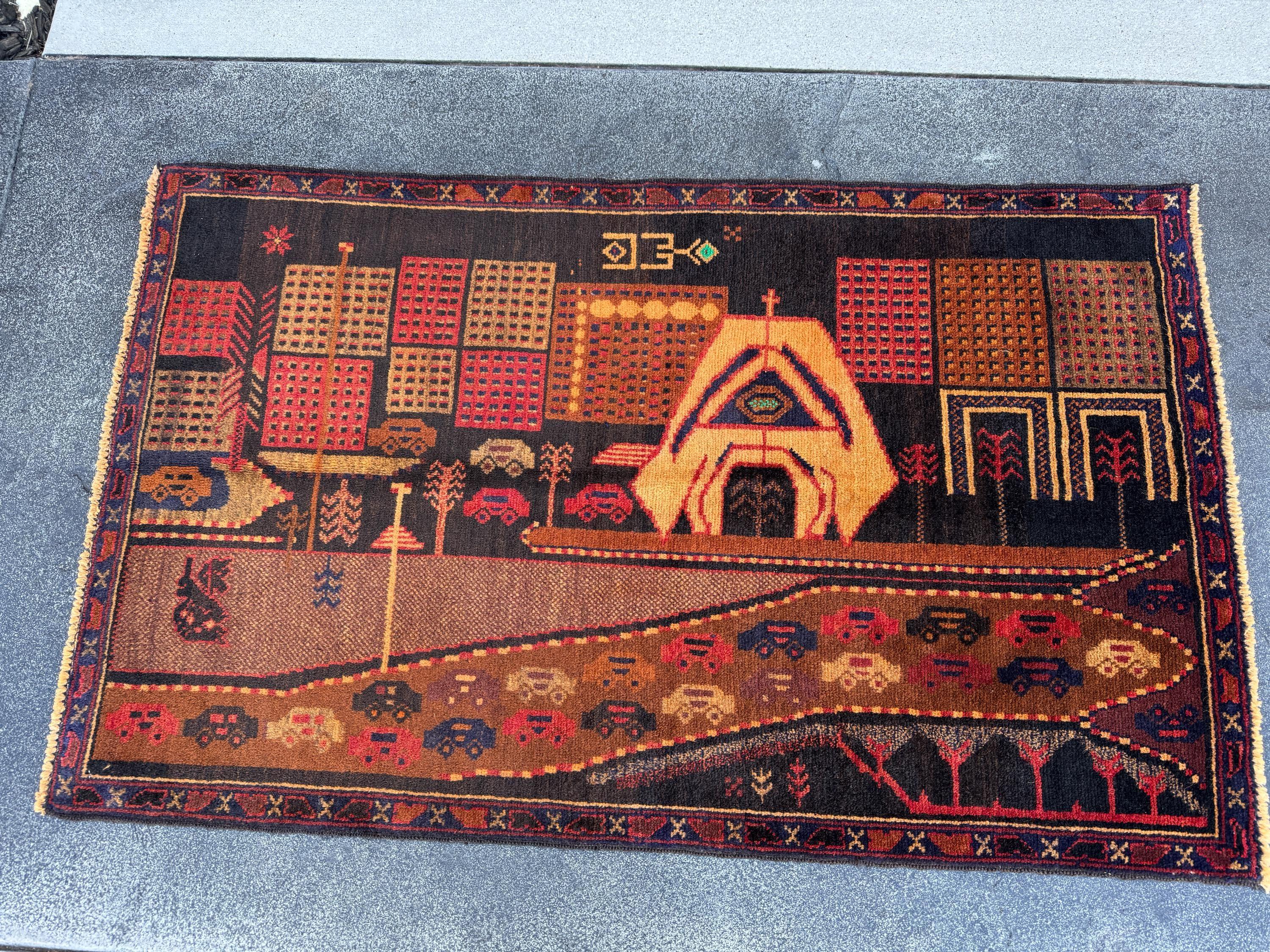 3x5 (91x152) Handmade Vintage Afghan Baluch Rug | Brown Caramel Coffee Gold Saffron Black Brick Red Midnight Blue Black Grey Green Orange
