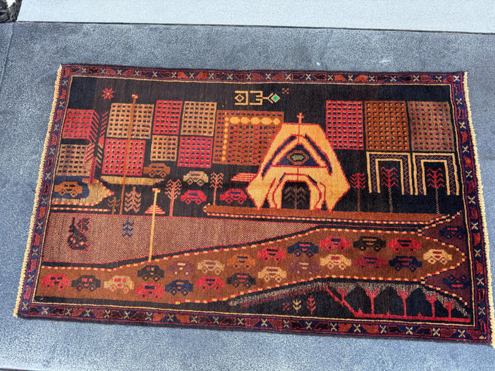 3x5 (91x152) Handmade Vintage Afghan Baluch Rug | Brown Caramel Coffee Gold Saffron Black Brick Red Midnight Blue Black Grey Green Orange