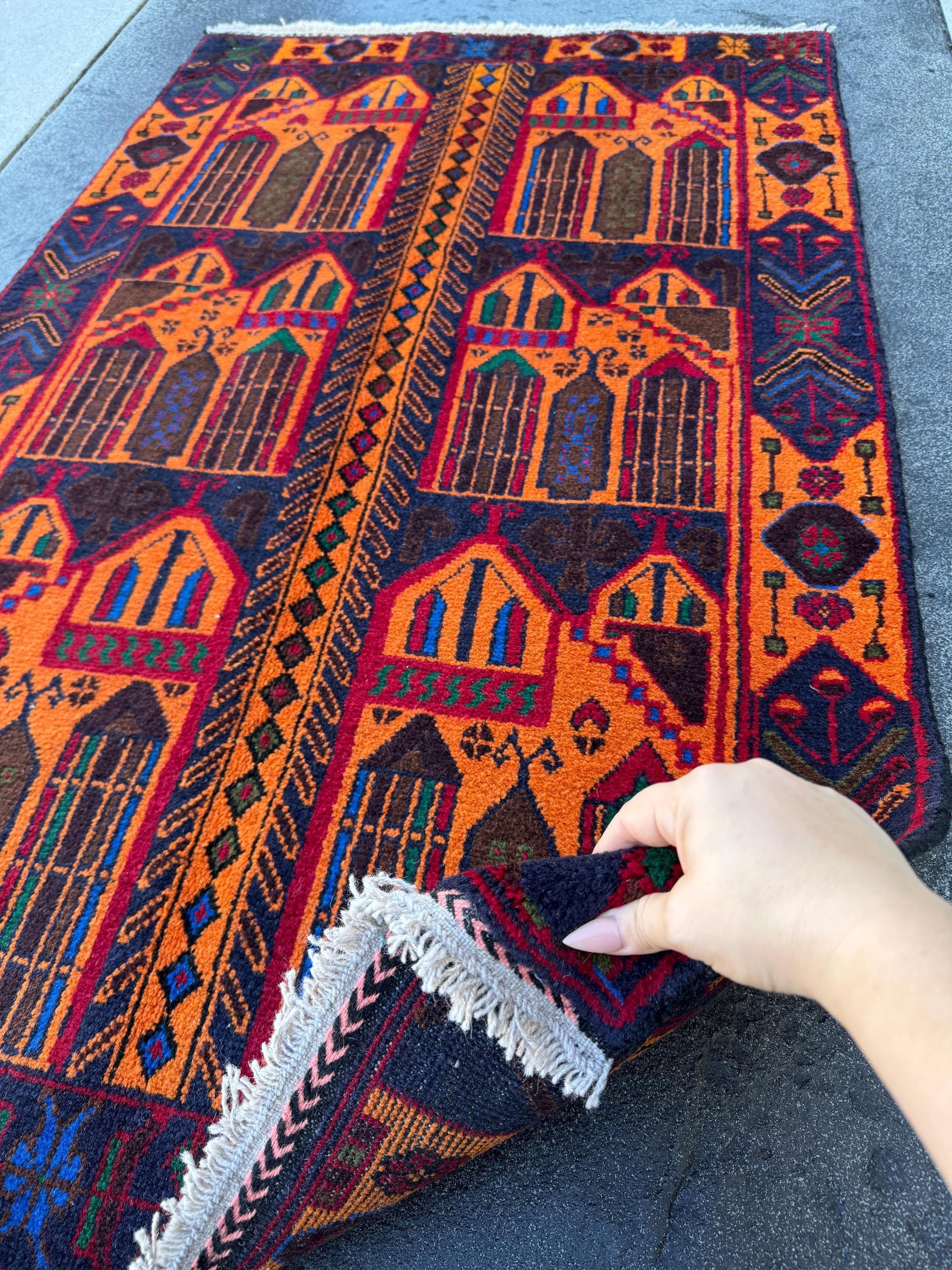3x5 (91x152) Handmade Vintage Afghan Baluch Rug | Orange Midnight Royal Blue Pink Crimson Burgundy Blood Red Black Forest Green | Wool