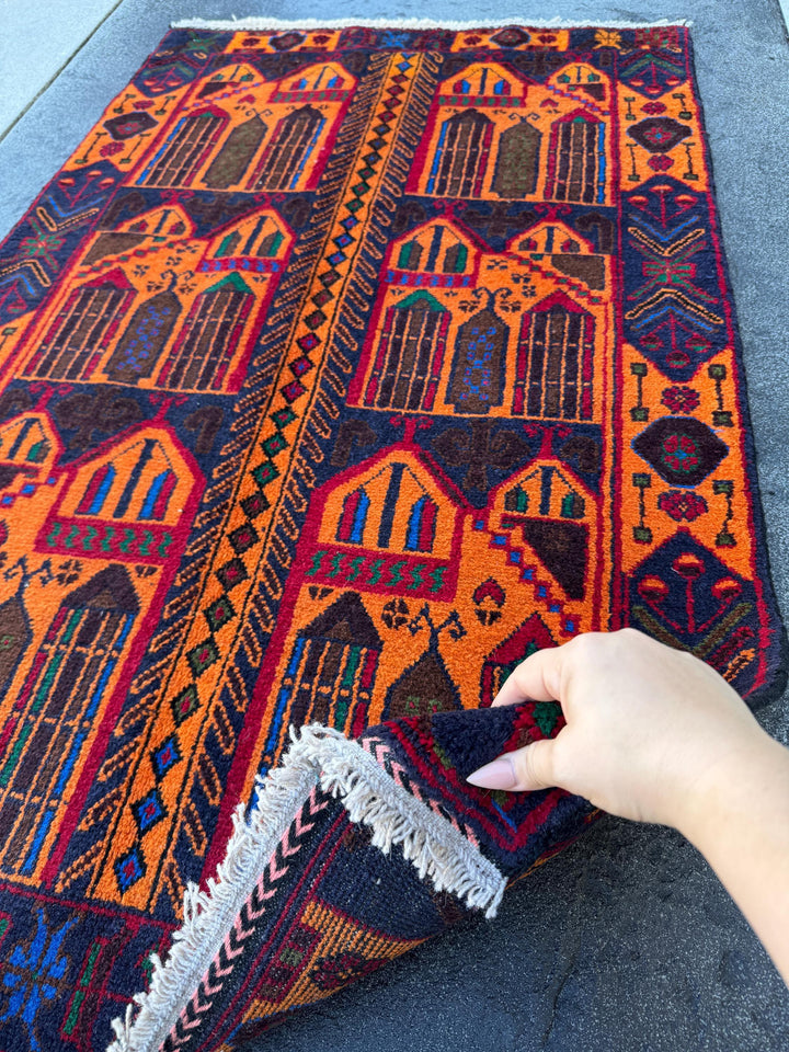 3x5 (91x152) Handmade Vintage Afghan Baluch Rug | Orange Midnight Royal Blue Pink Crimson Burgundy Blood Red Black Forest Green | Wool