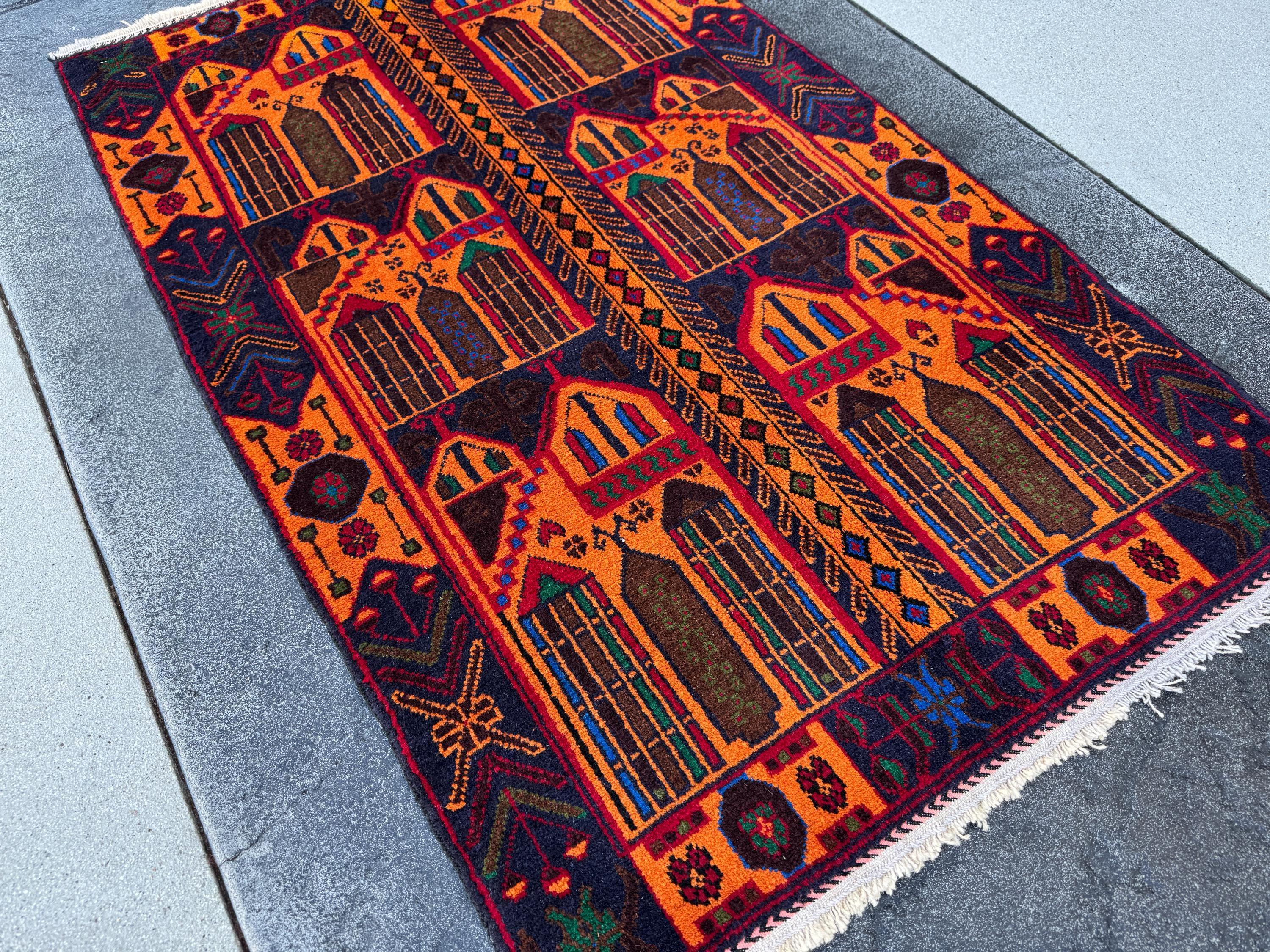 3x5 (91x152) Handmade Vintage Afghan Baluch Rug | Orange Midnight Royal Blue Pink Crimson Burgundy Blood Red Black Forest Green | Wool