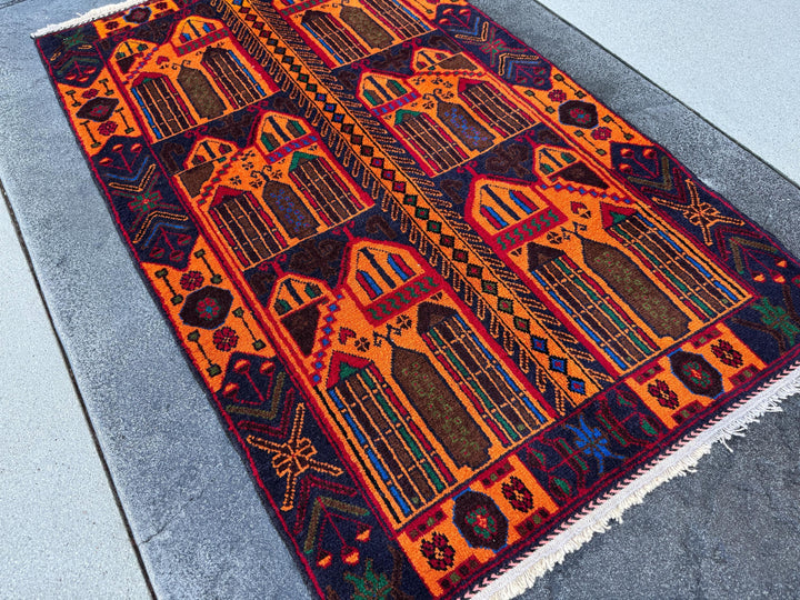 3x5 (91x152) Handmade Vintage Afghan Baluch Rug | Orange Midnight Royal Blue Pink Crimson Burgundy Blood Red Black Forest Green | Wool