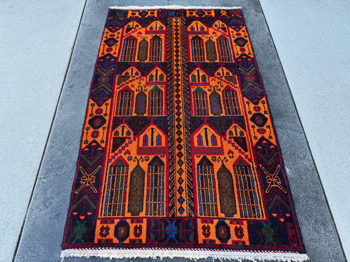 3x5 (91x152) Handmade Vintage Afghan Baluch Rug | Orange Midnight Royal Blue Pink Crimson Burgundy Blood Red Black Forest Green | Wool