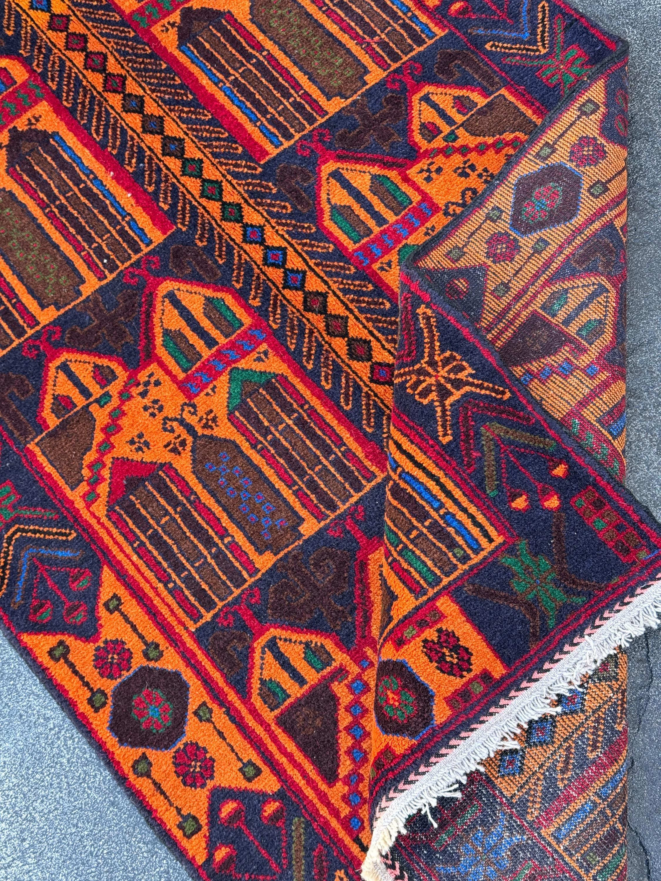 3x5 (91x152) Handmade Vintage Afghan Baluch Rug | Orange Midnight Royal Blue Pink Crimson Burgundy Blood Red Black Forest Green | Wool
