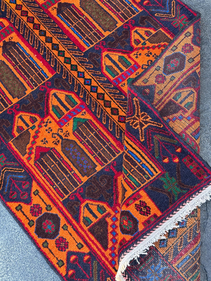 3x5 (91x152) Handmade Vintage Afghan Baluch Rug | Orange Midnight Royal Blue Pink Crimson Burgundy Blood Red Black Forest Green | Wool