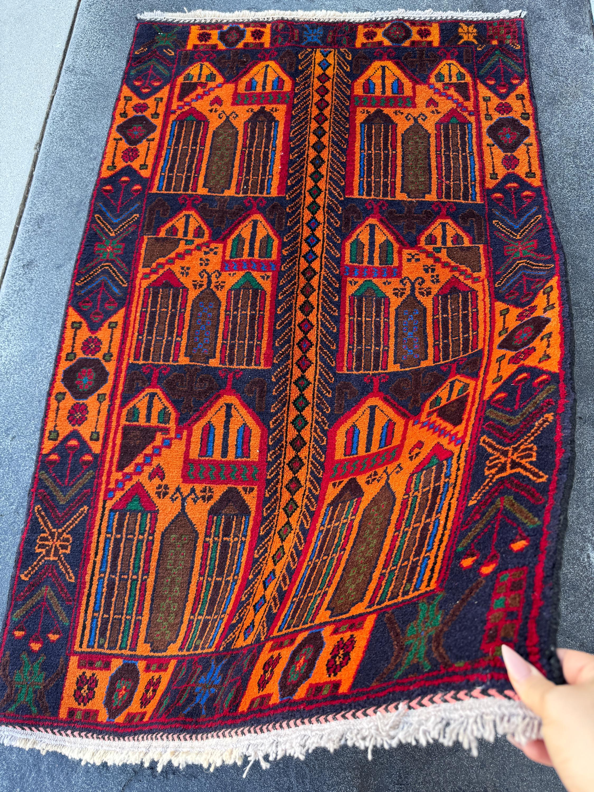 3x5 (91x152) Handmade Vintage Afghan Baluch Rug | Orange Midnight Royal Blue Pink Crimson Burgundy Blood Red Black Forest Green | Wool