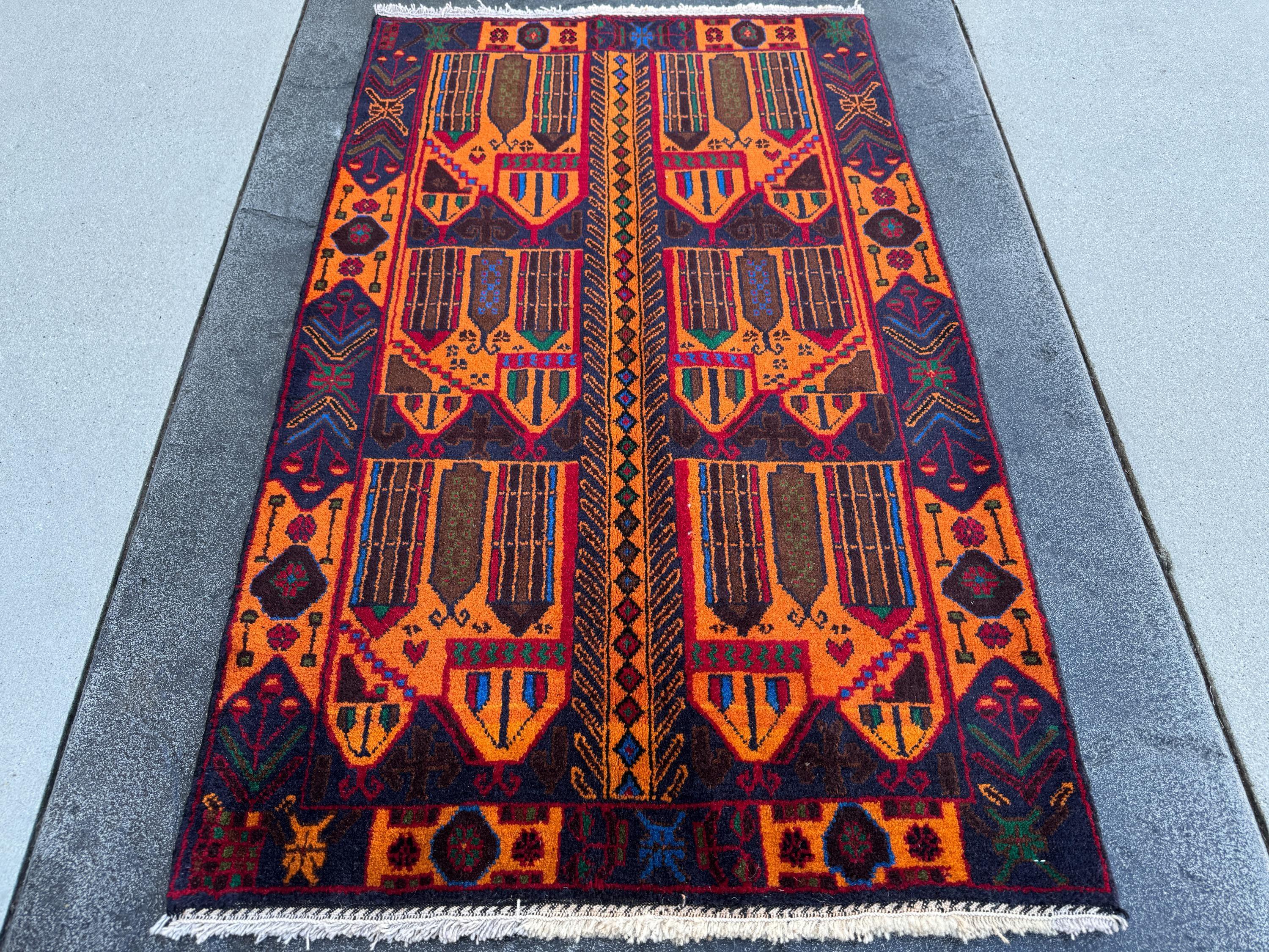 3x5 (91x152) Handmade Vintage Afghan Baluch Rug | Orange Midnight Royal Blue Pink Crimson Burgundy Blood Red Black Forest Green | Wool