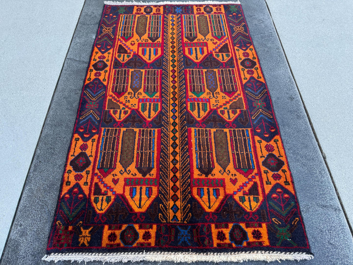 3x5 (91x152) Handmade Vintage Afghan Baluch Rug | Orange Midnight Royal Blue Pink Crimson Burgundy Blood Red Black Forest Green | Wool