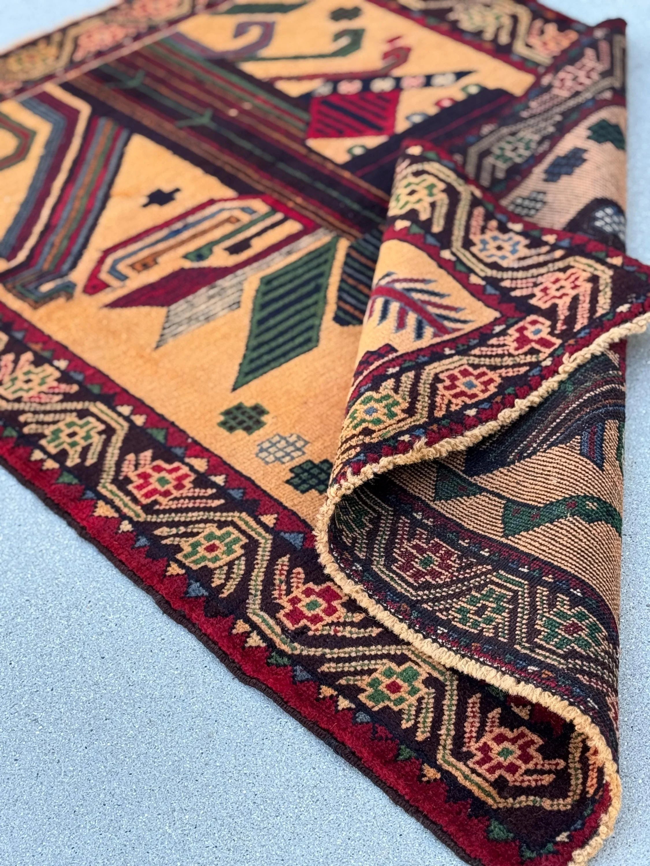 3x4-5 (91x140) Handmade Vintage Afghan Baluch Rug | Peach Saffron Orange Forest Green Cornsilk Midnight Denim Blue Crimson Red Caramel Brown