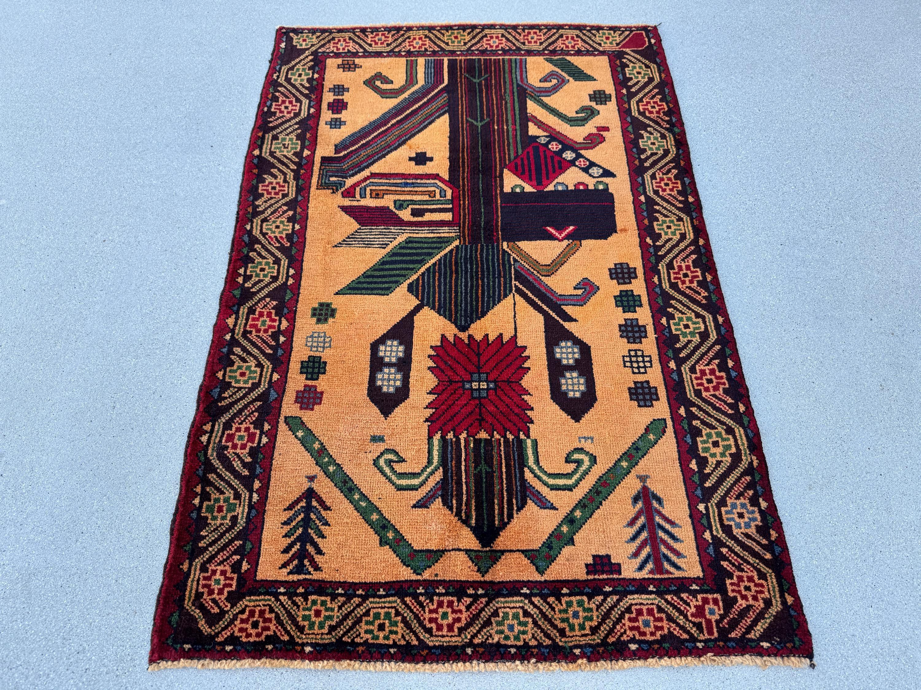 3x4-5 (91x140) Handmade Vintage Afghan Baluch Rug | Peach Saffron Orange Forest Green Cornsilk Midnight Denim Blue Crimson Red Caramel Brown