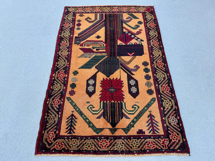 3x4-5 (91x140) Handmade Vintage Afghan Baluch Rug | Peach Saffron Orange Forest Green Cornsilk Midnight Denim Blue Crimson Red Caramel Brown
