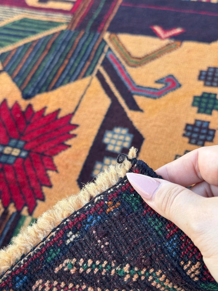 3x4-5 (91x140) Handmade Vintage Afghan Baluch Rug | Peach Saffron Orange Forest Green Cornsilk Midnight Denim Blue Crimson Red Caramel Brown