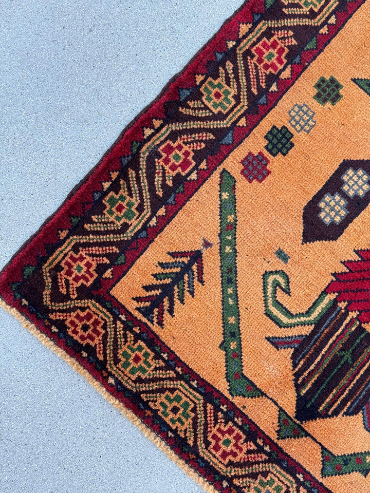 3x4-5 (91x140) Handmade Vintage Afghan Baluch Rug | Peach Saffron Orange Forest Green Cornsilk Midnight Denim Blue Crimson Red Caramel Brown