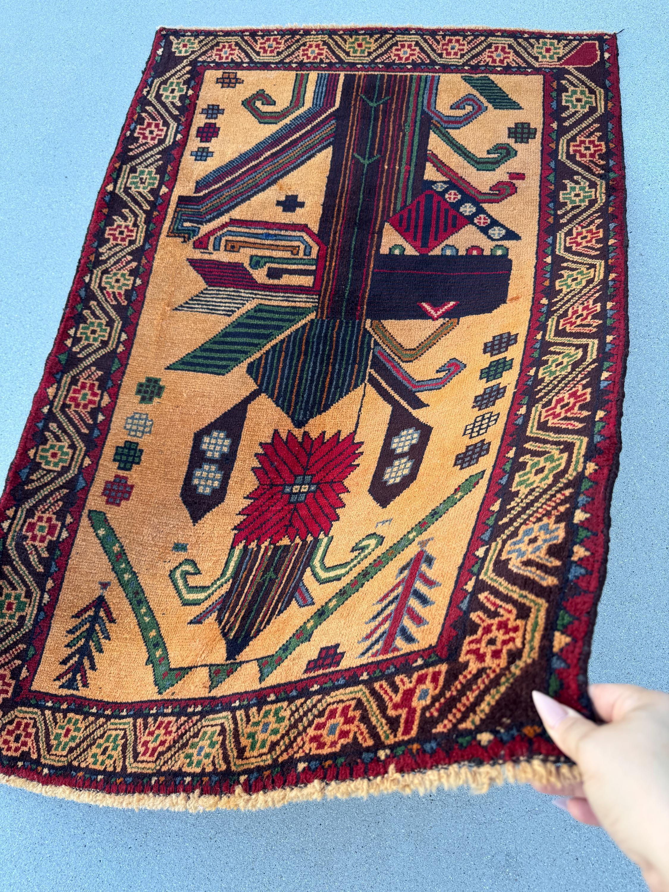 3x4-5 (91x140) Handmade Vintage Afghan Baluch Rug | Peach Saffron Orange Forest Green Cornsilk Midnight Denim Blue Crimson Red Caramel Brown