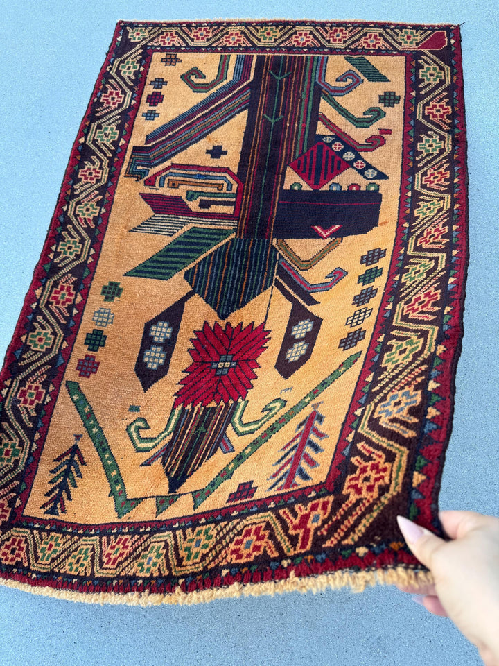 3x4-5 (91x140) Handmade Vintage Afghan Baluch Rug | Peach Saffron Orange Forest Green Cornsilk Midnight Denim Blue Crimson Red Caramel Brown