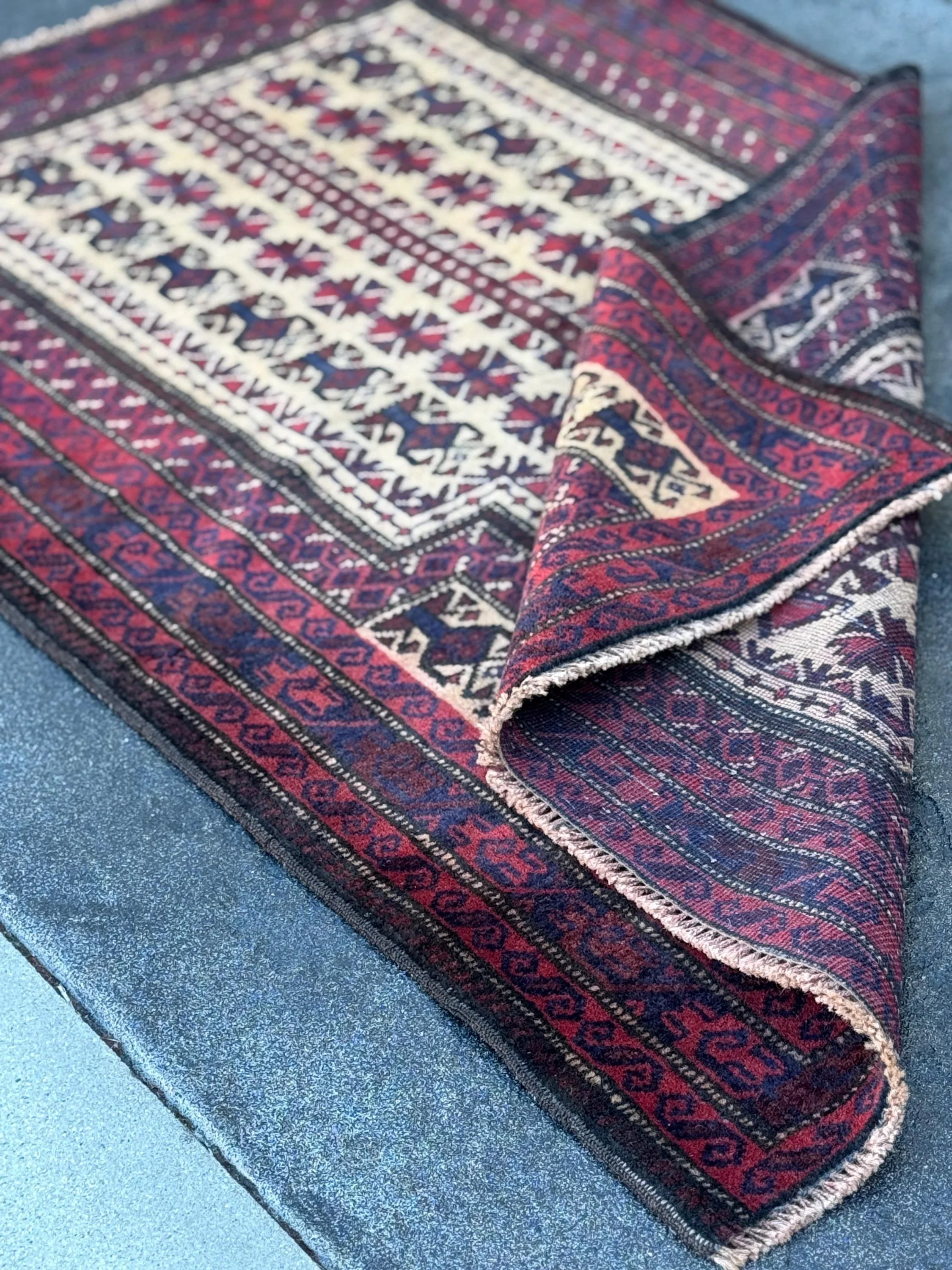 3x5 (91x152) Handmade Vintage Afghan Baluch Rug | Burgundy Wine Blood Brick Red Cream Midnight Navy Blue White | Wool Geometric