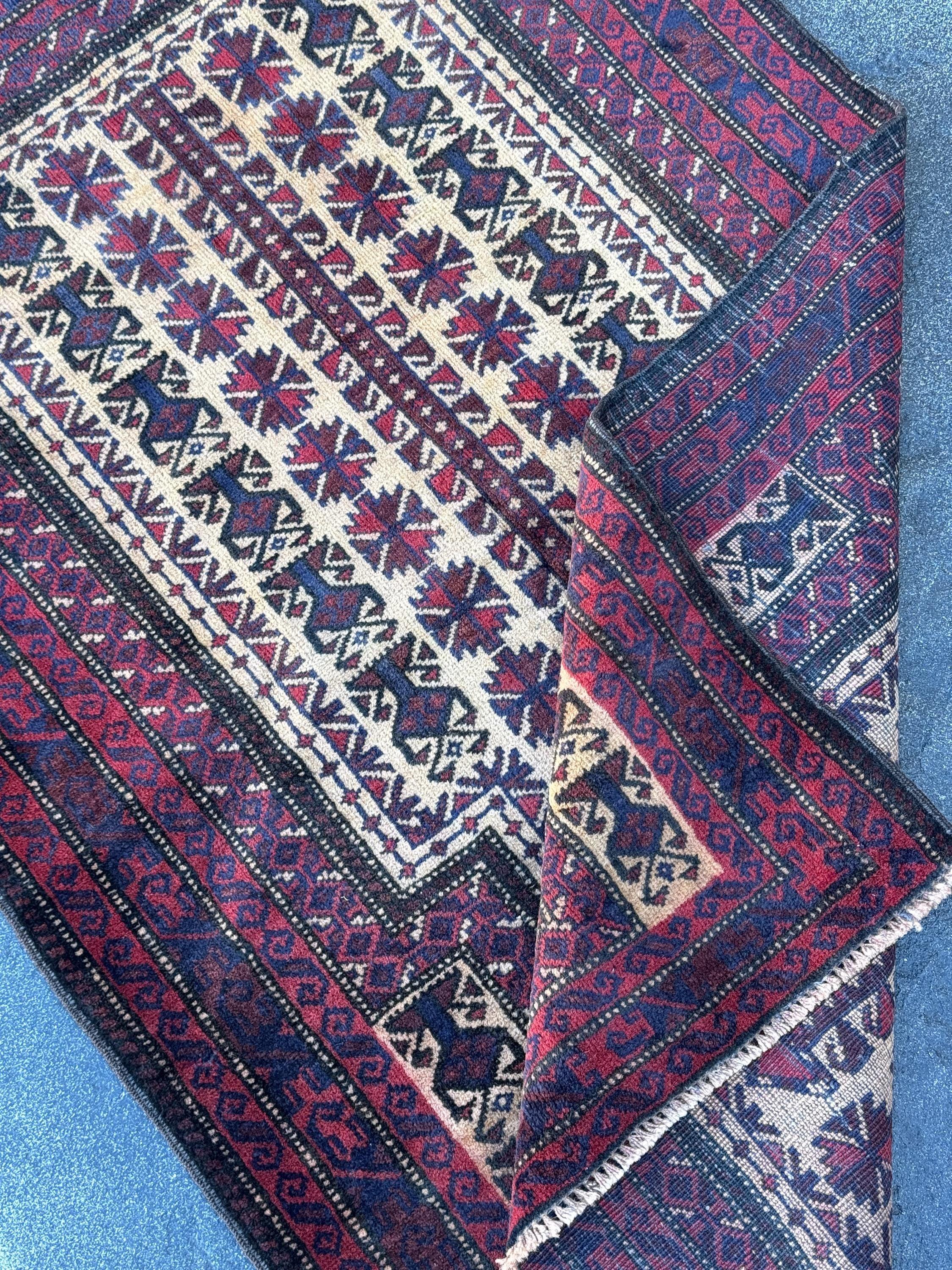 3x5 (91x152) Handmade Vintage Afghan Baluch Rug | Burgundy Wine Blood Brick Red Cream Midnight Navy Blue White | Wool Geometric