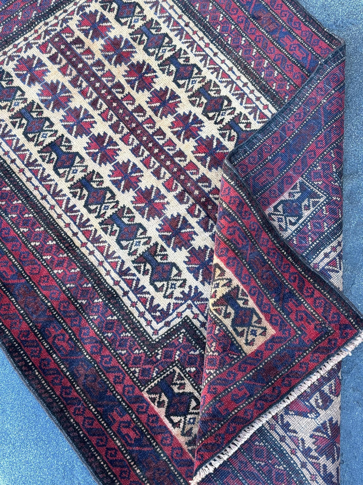 3x5 (91x152) Handmade Vintage Afghan Baluch Rug | Burgundy Wine Blood Brick Red Cream Midnight Navy Blue White | Wool Geometric