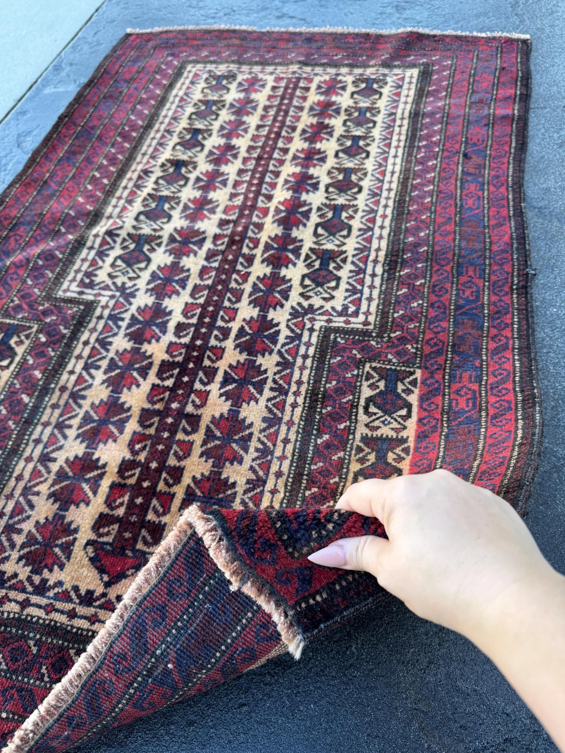 3x5 (91x152) Handmade Vintage Afghan Baluch Rug | Burgundy Wine Blood Brick Red Cream Midnight Navy Blue White | Wool Geometric