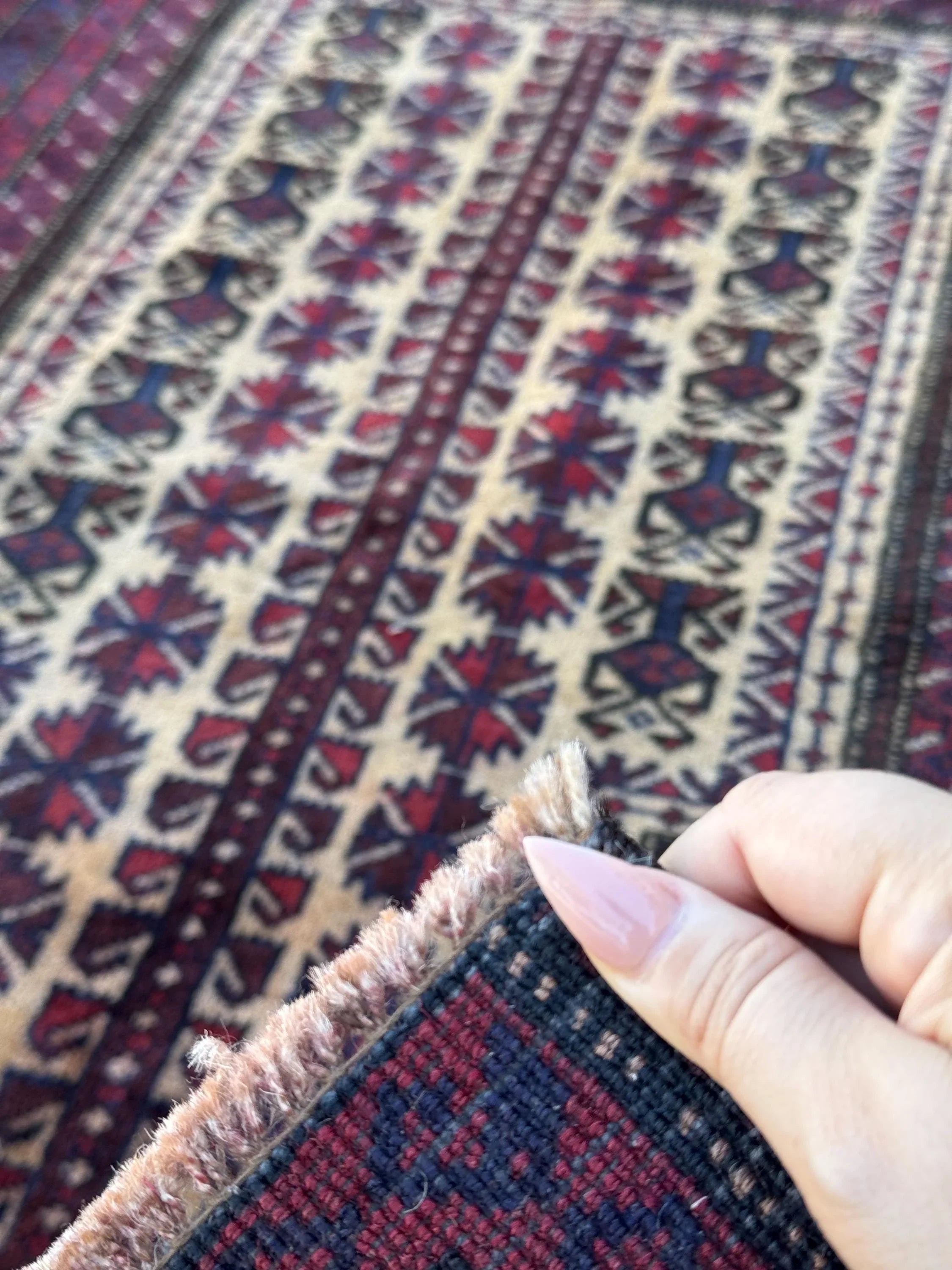 3x5 (91x152) Handmade Vintage Afghan Baluch Rug | Burgundy Wine Blood Brick Red Cream Midnight Navy Blue White | Wool Geometric