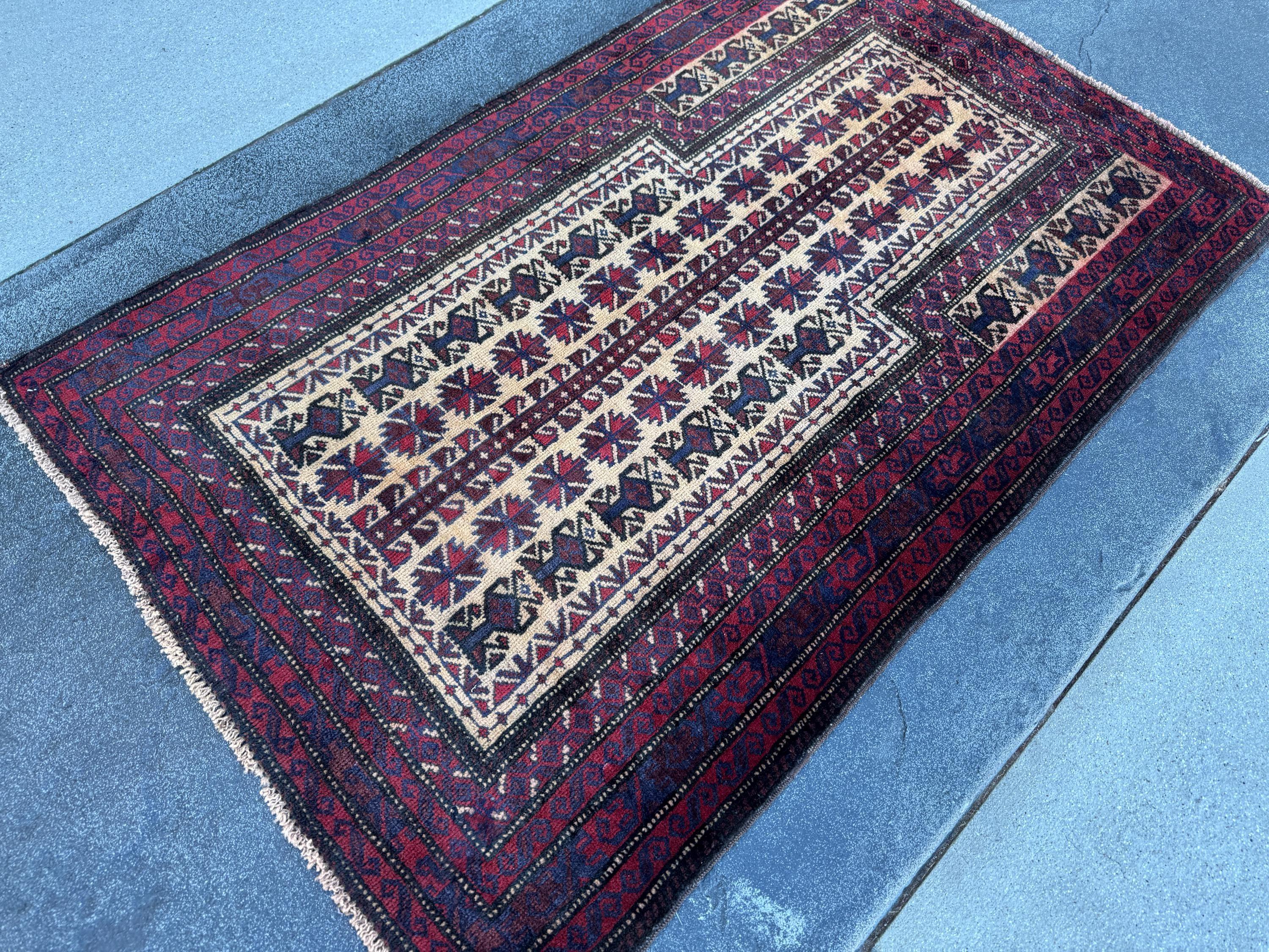 3x5 (91x152) Handmade Vintage Afghan Baluch Rug | Burgundy Wine Blood Brick Red Cream Midnight Navy Blue White | Wool Geometric