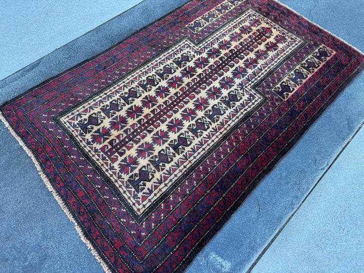 3x5 (91x152) Handmade Vintage Afghan Baluch Rug | Burgundy Wine Blood Brick Red Cream Midnight Navy Blue White | Wool Geometric