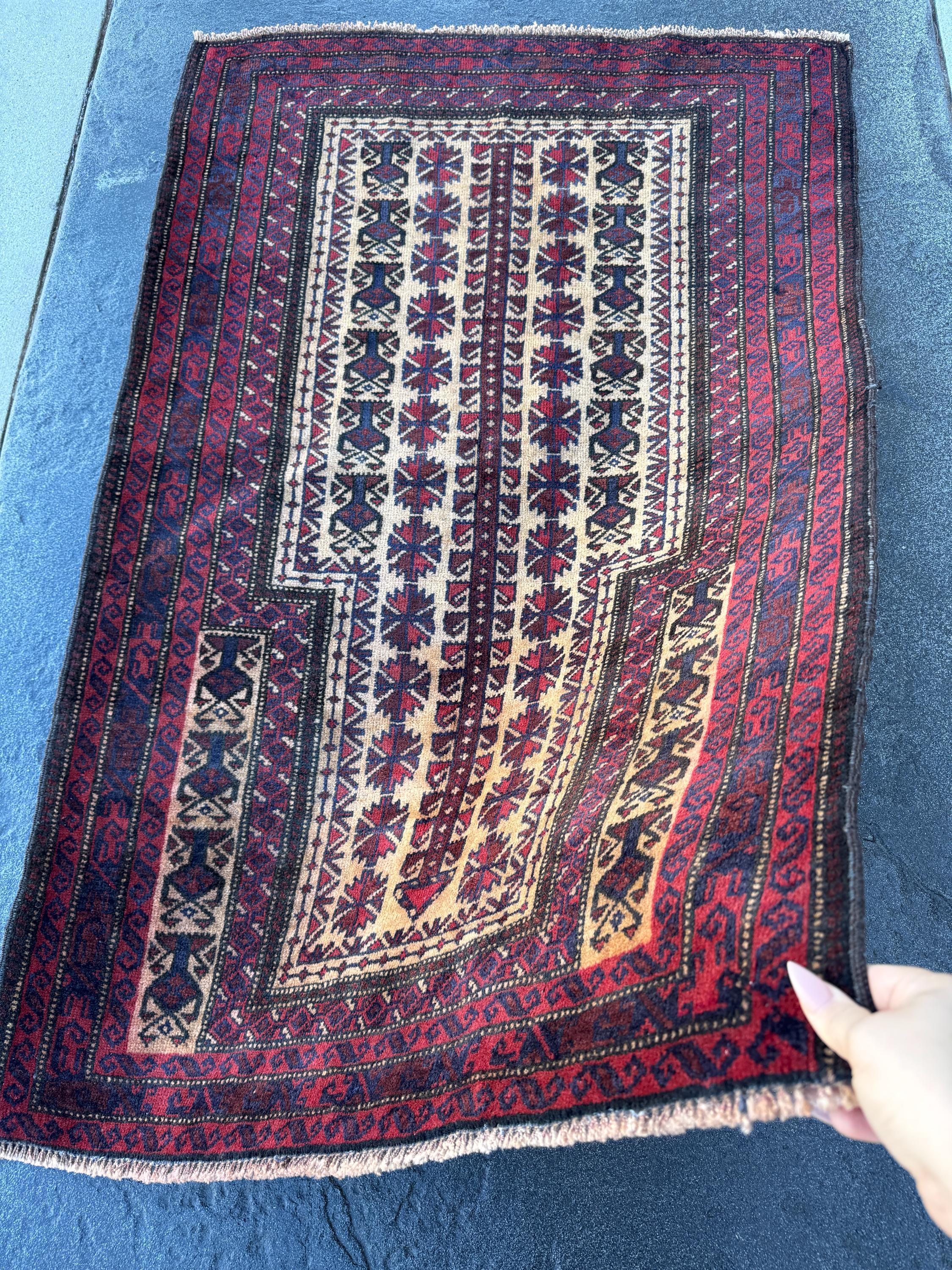 3x5 (91x152) Handmade Vintage Afghan Baluch Rug | Burgundy Wine Blood Brick Red Cream Midnight Navy Blue White | Wool Geometric