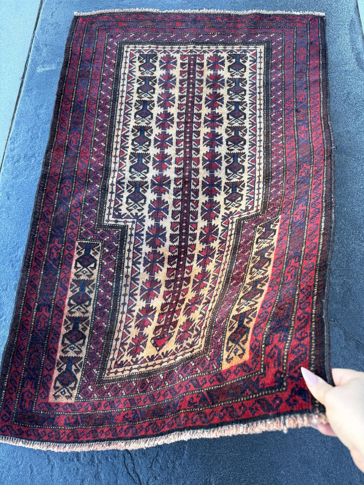 3x5 (91x152) Handmade Vintage Afghan Baluch Rug | Burgundy Wine Blood Brick Red Cream Midnight Navy Blue White | Wool Geometric
