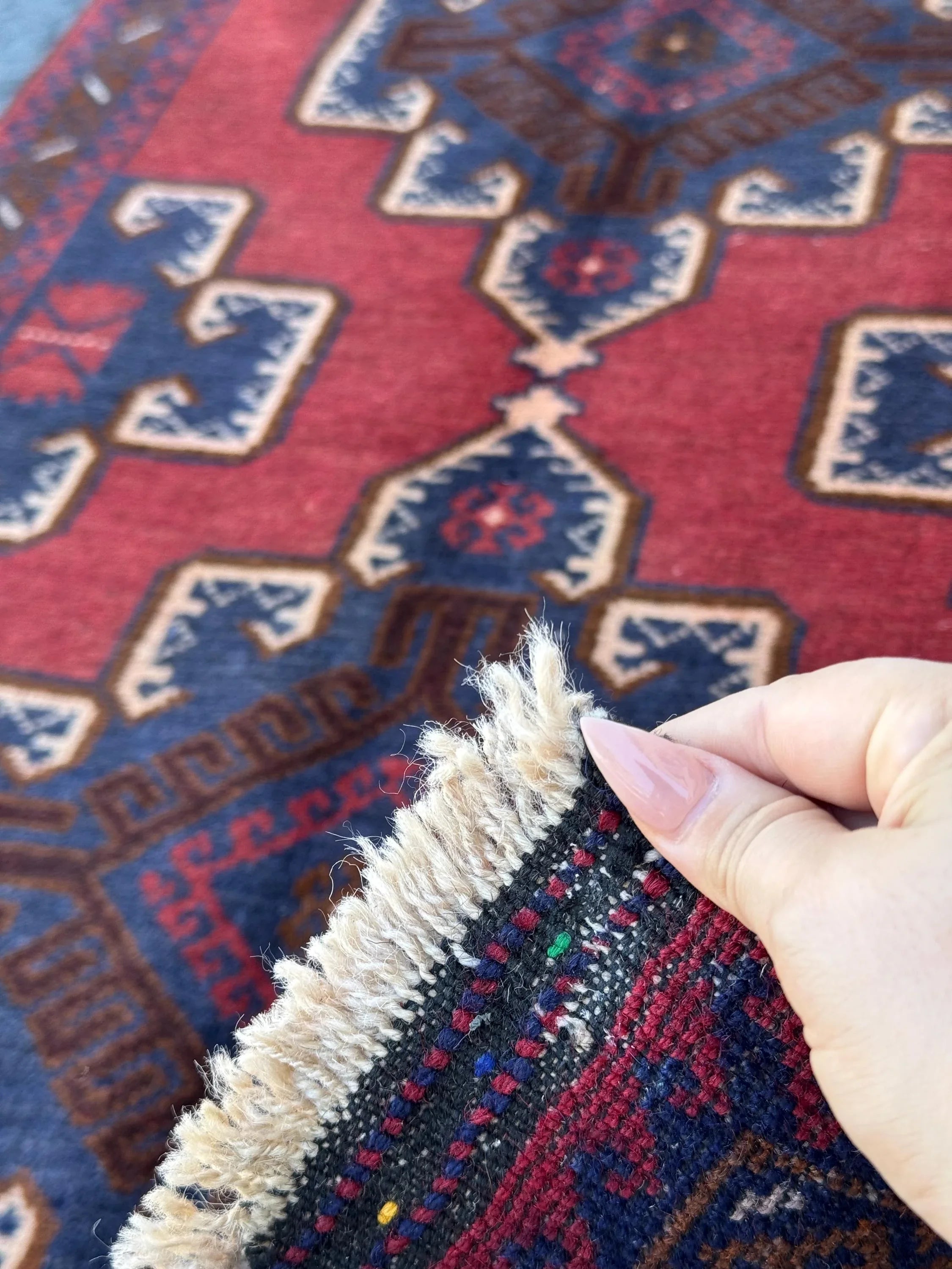 3x5 (91x152) Handmade Vintage Afghan Baluch Rug | Crimson Brick Burgundy Red Cream White Coffee Caramel Brown Navy Midnight Blue | Wool