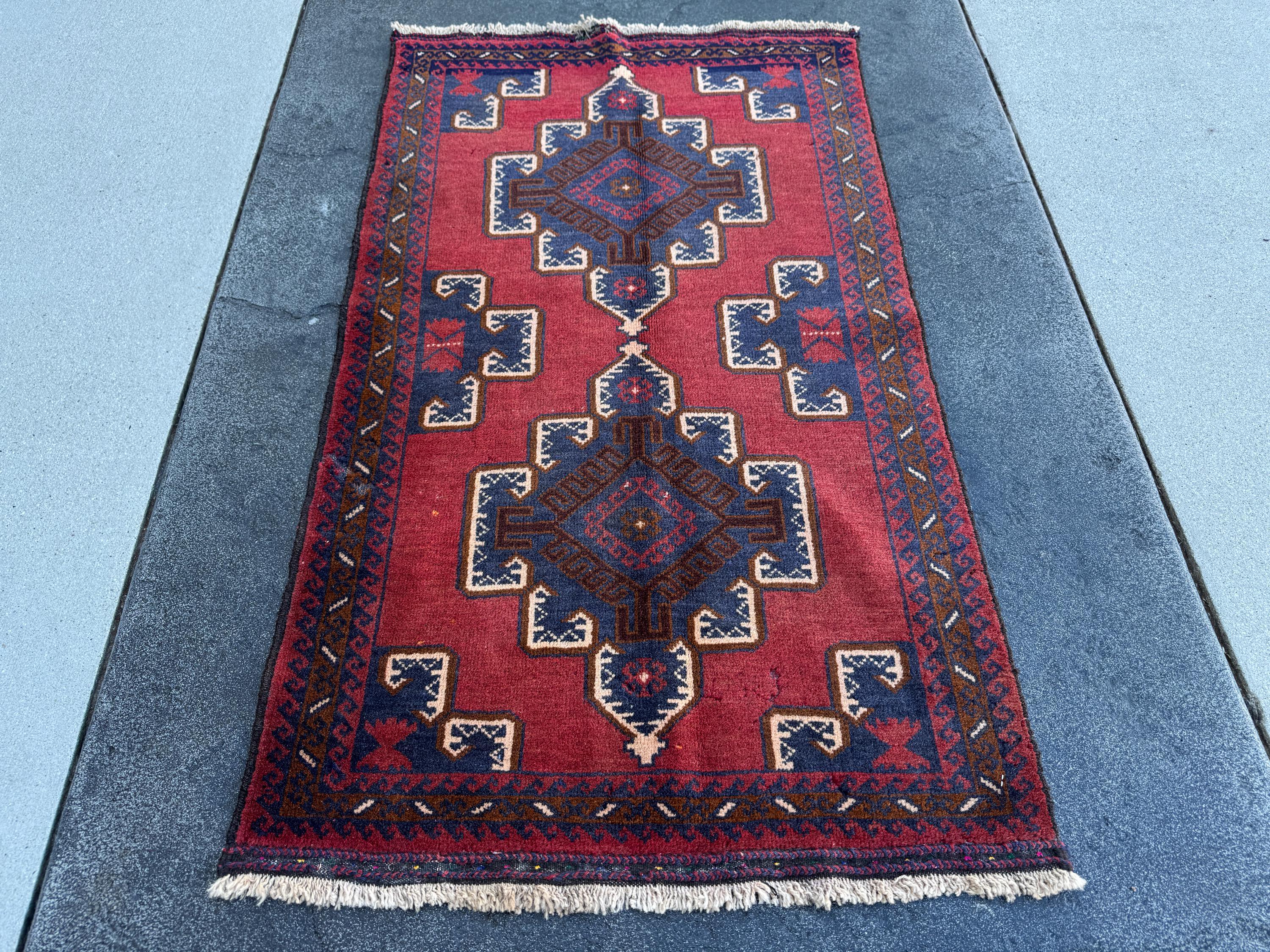 3x5 (91x152) Handmade Vintage Afghan Baluch Rug | Crimson Brick Burgundy Red Cream White Coffee Caramel Brown Navy Midnight Blue | Wool
