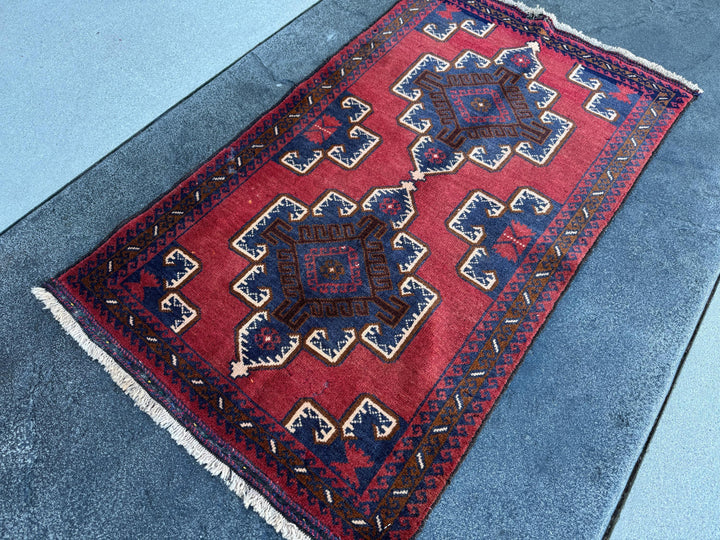 3x5 (91x152) Handmade Vintage Afghan Baluch Rug | Crimson Brick Burgundy Red Cream White Coffee Caramel Brown Navy Midnight Blue | Wool