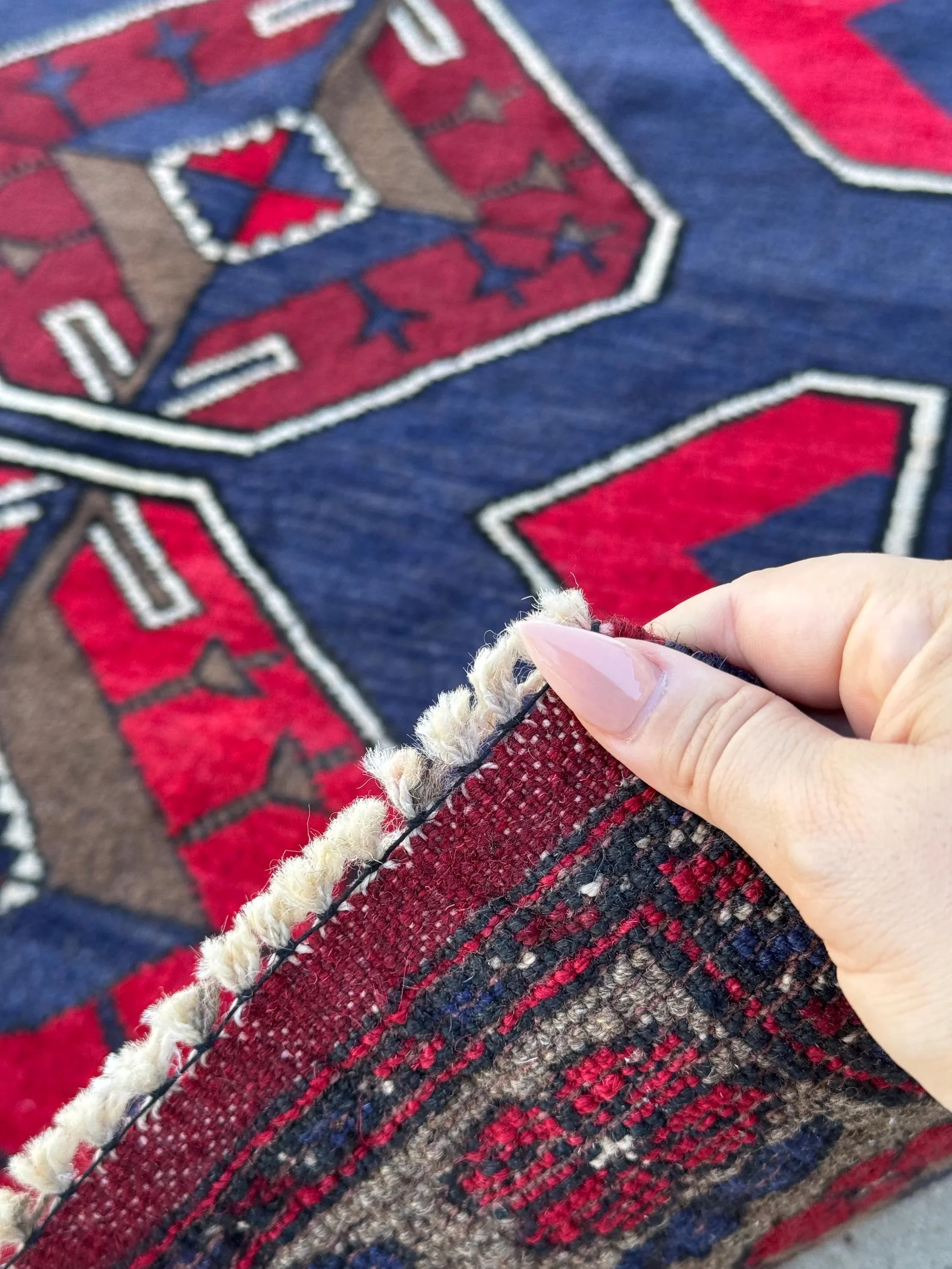 3x5 (91x152) Handmade Vintage Afghan Baluch Rug | Navy Midnight Blue Crimson Red Taupe Tan Beige Grey White Cream Ivory | Wool Traditional