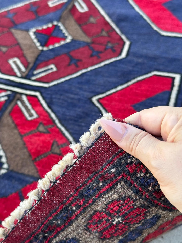 3x5 (91x152) Handmade Vintage Afghan Baluch Rug | Navy Midnight Blue Crimson Red Taupe Tan Beige Grey White Cream Ivory | Wool Traditional