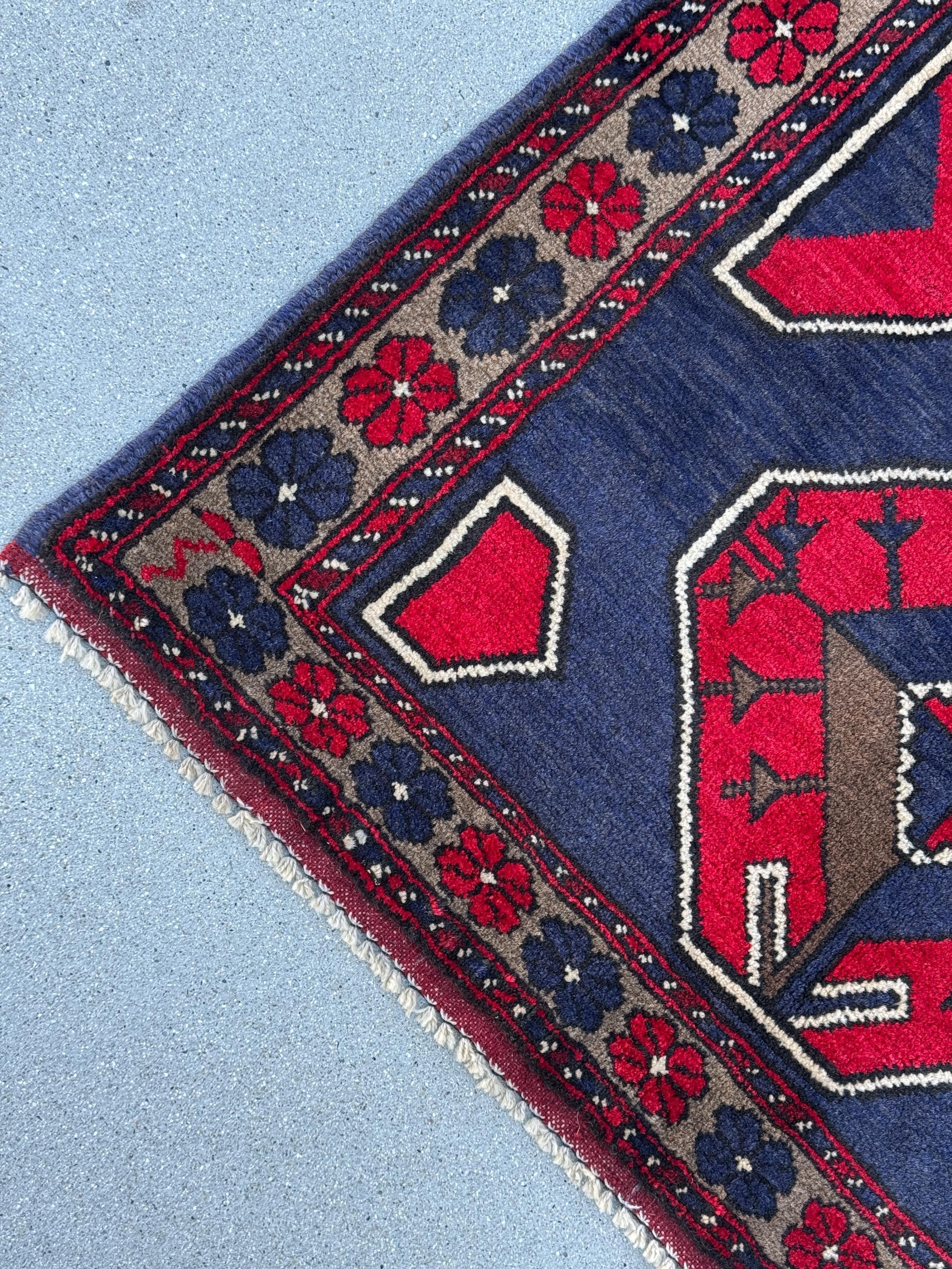 3x5 (91x152) Handmade Vintage Afghan Baluch Rug | Navy Midnight Blue Crimson Red Taupe Tan Beige Grey White Cream Ivory | Wool Traditional