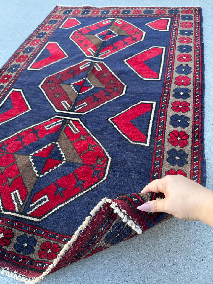3x5 (91x152) Handmade Vintage Afghan Baluch Rug | Navy Midnight Blue Crimson Red Taupe Tan Beige Grey White Cream Ivory | Wool Traditional