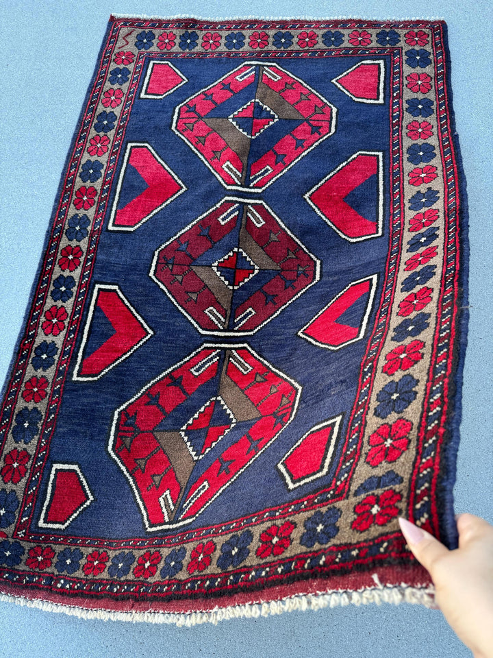 3x5 (91x152) Handmade Vintage Afghan Baluch Rug | Navy Midnight Blue Crimson Red Taupe Tan Beige Grey White Cream Ivory | Wool Traditional