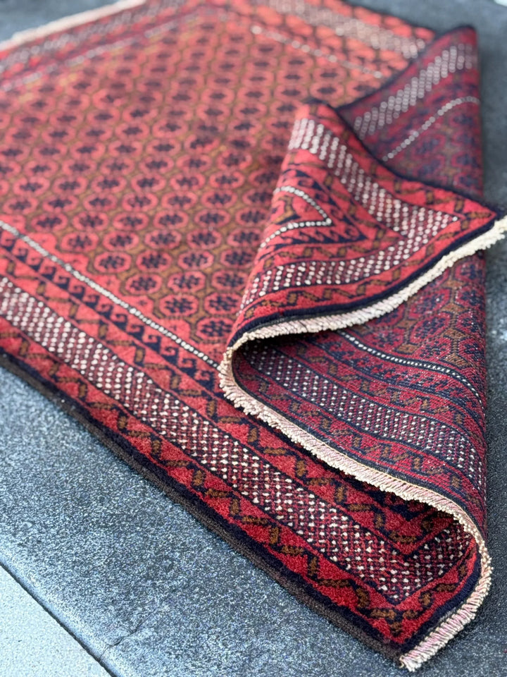 3x4-5 (91x152) Handmade Vintage Afghan Baluch Rug | Crimson Brick Burgundy Red Black Coffee Caramel Beige Brown Midnight Navy Blue White