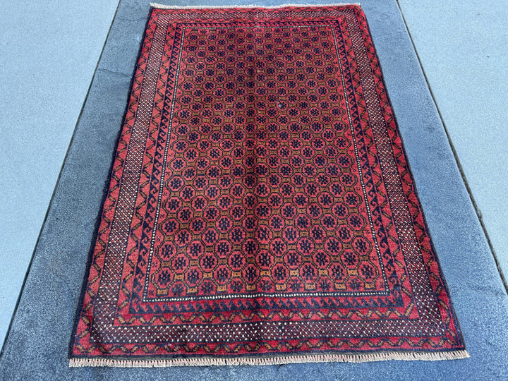 3x4-5 (91x152) Handmade Vintage Afghan Baluch Rug | Crimson Brick Burgundy Red Black Coffee Caramel Beige Brown Midnight Navy Blue White