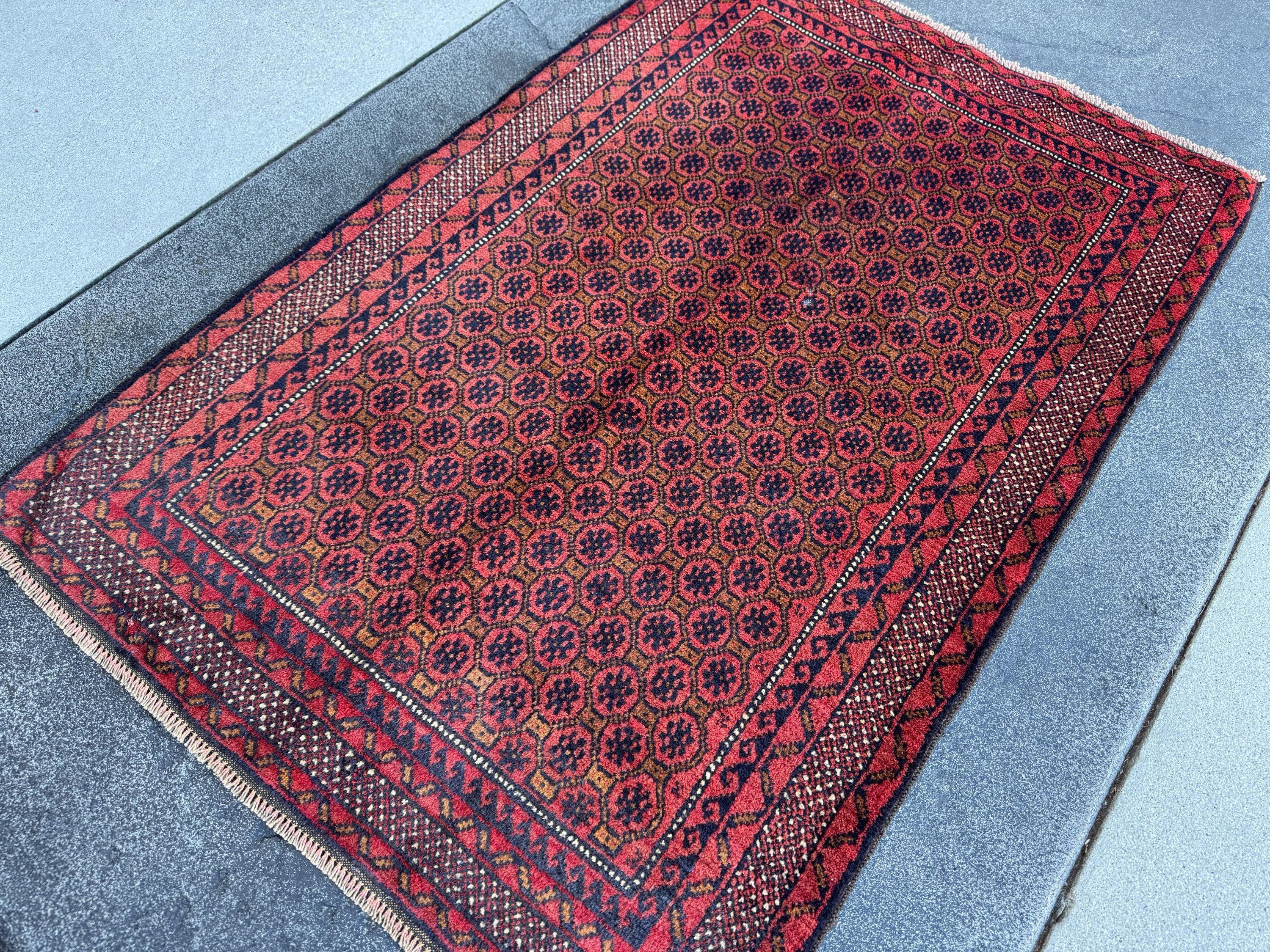 3x4-5 (91x152) Handmade Vintage Afghan Baluch Rug | Crimson Brick Burgundy Red Black Coffee Caramel Beige Brown Midnight Navy Blue White