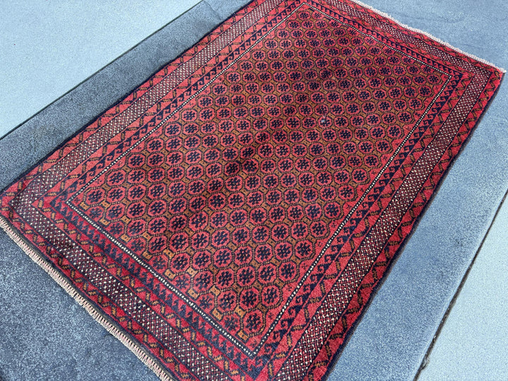 3x4-5 (91x152) Handmade Vintage Afghan Baluch Rug | Crimson Brick Burgundy Red Black Coffee Caramel Beige Brown Midnight Navy Blue White