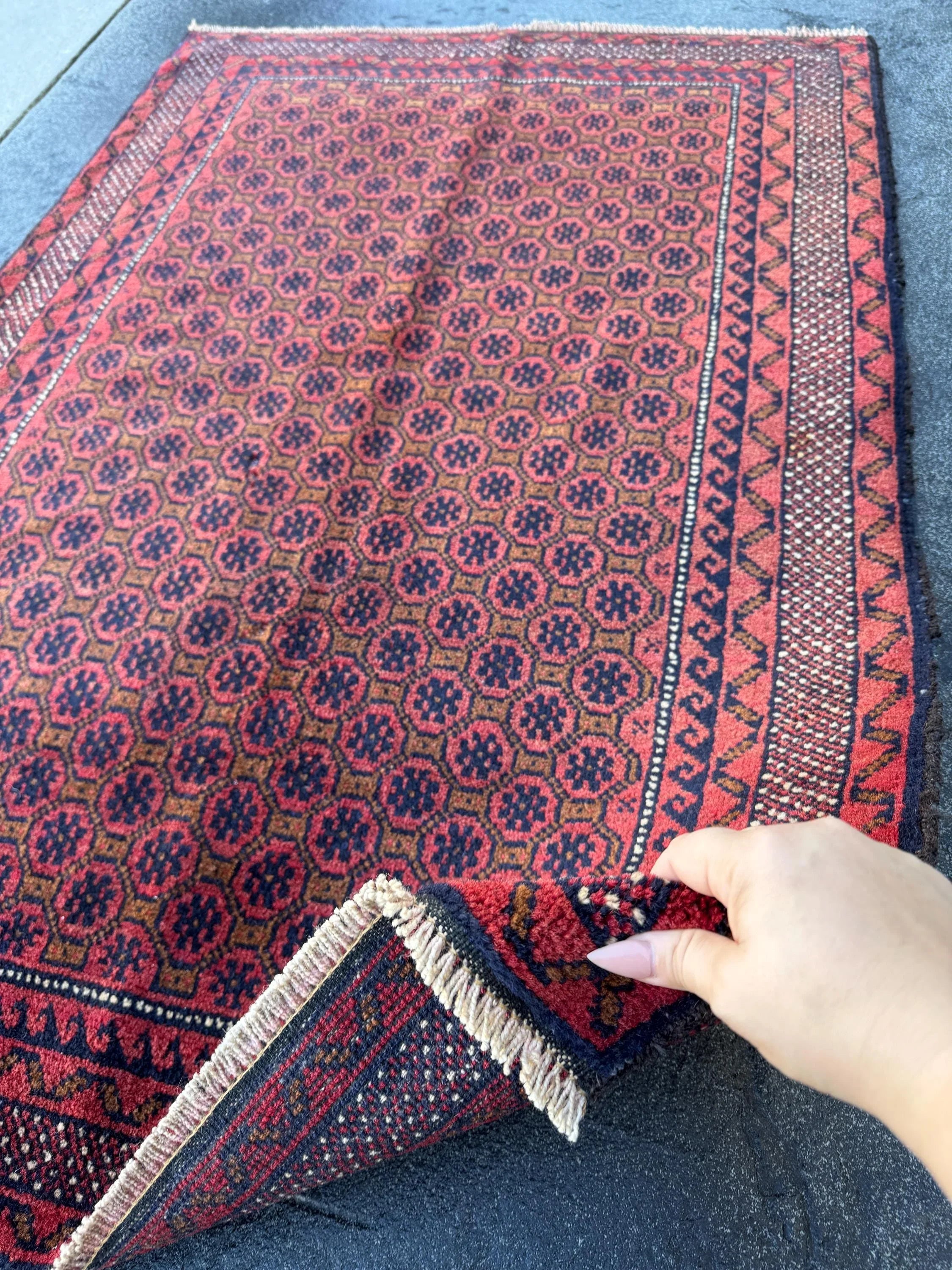 3x4-5 (91x152) Handmade Vintage Afghan Baluch Rug | Crimson Brick Burgundy Red Black Coffee Caramel Beige Brown Midnight Navy Blue White